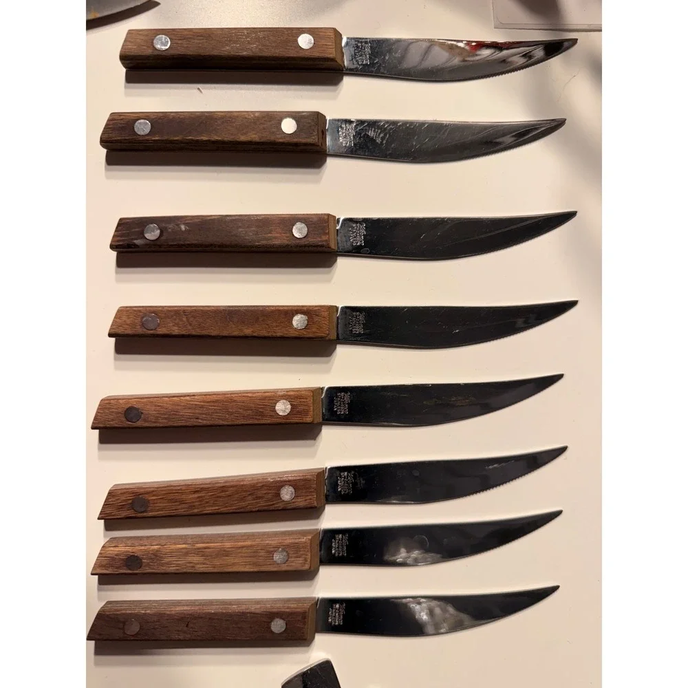 Vintage Vermco Steak Knives Set of 8 Hi-Carbon Stainless Japan Wood Handle 8.25